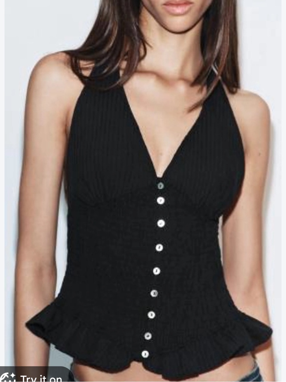 Zara Black Ribbed V-Neck Button-Front Peplum Camisole